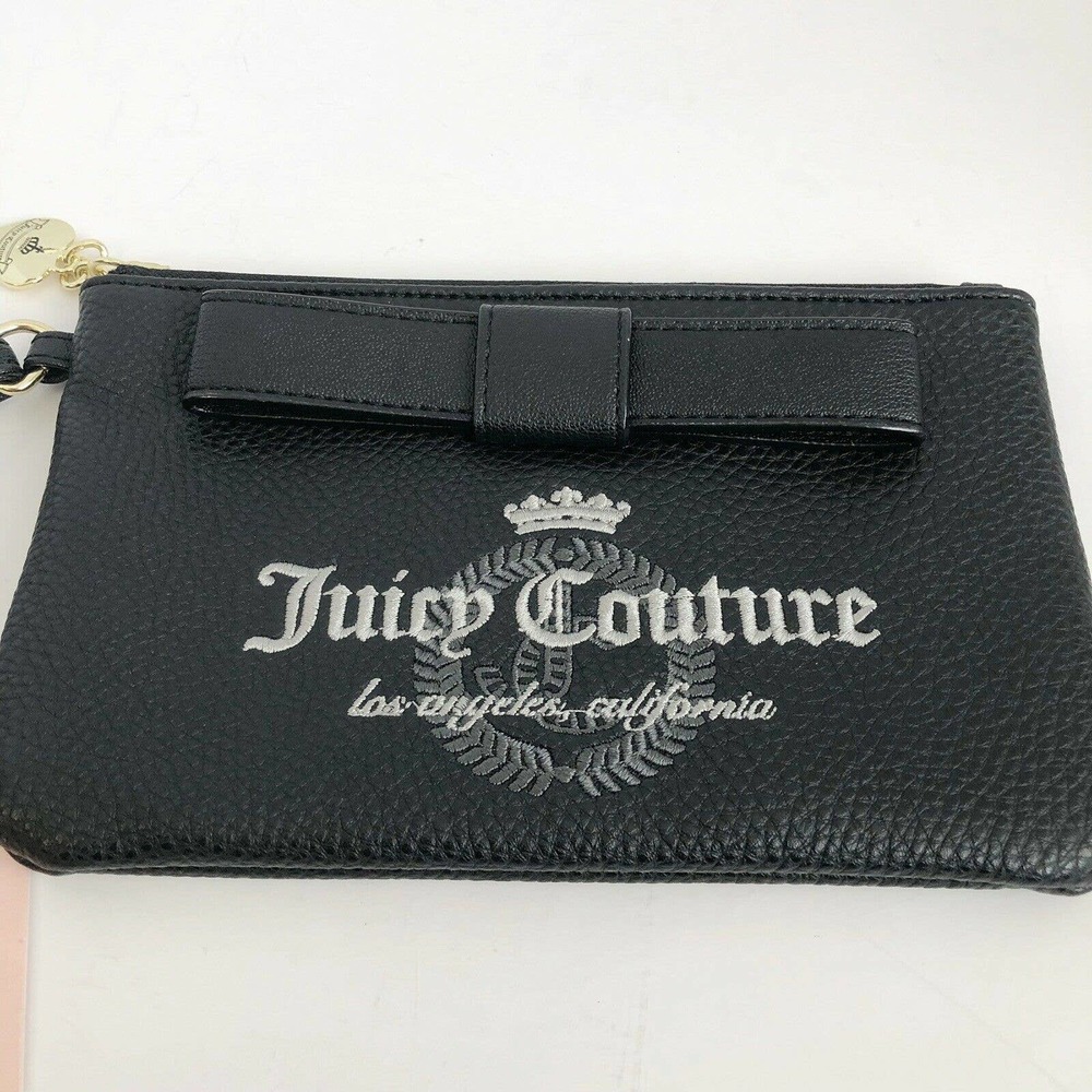 Juicy Couture Wristlet NWT Vegan Leather 5”x8” Bow Logo Spellout Gold Charm